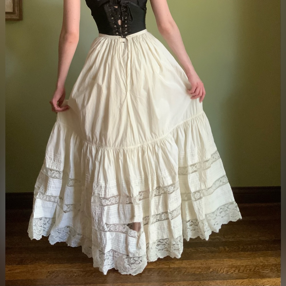 Antique Tiered Petticoat, Full Length Lace Skirt, Corset Waist - Picture 4 of 12